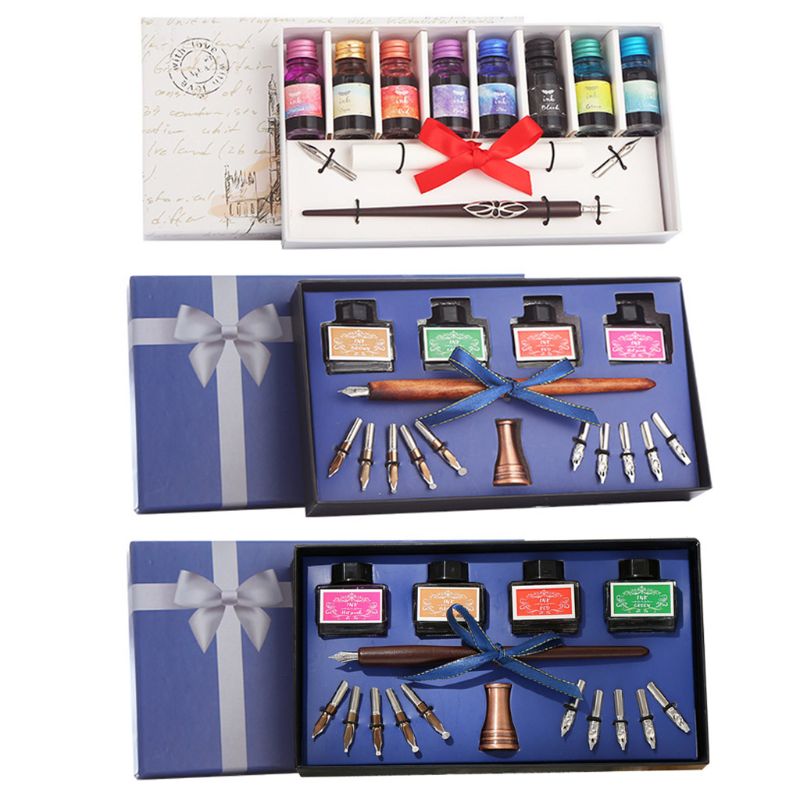 Wooden Caligraphy Dip Pen Hook Line Signature Fountain Pens with Ink Nibs Set Dip Pen Kit Offices School Stationery