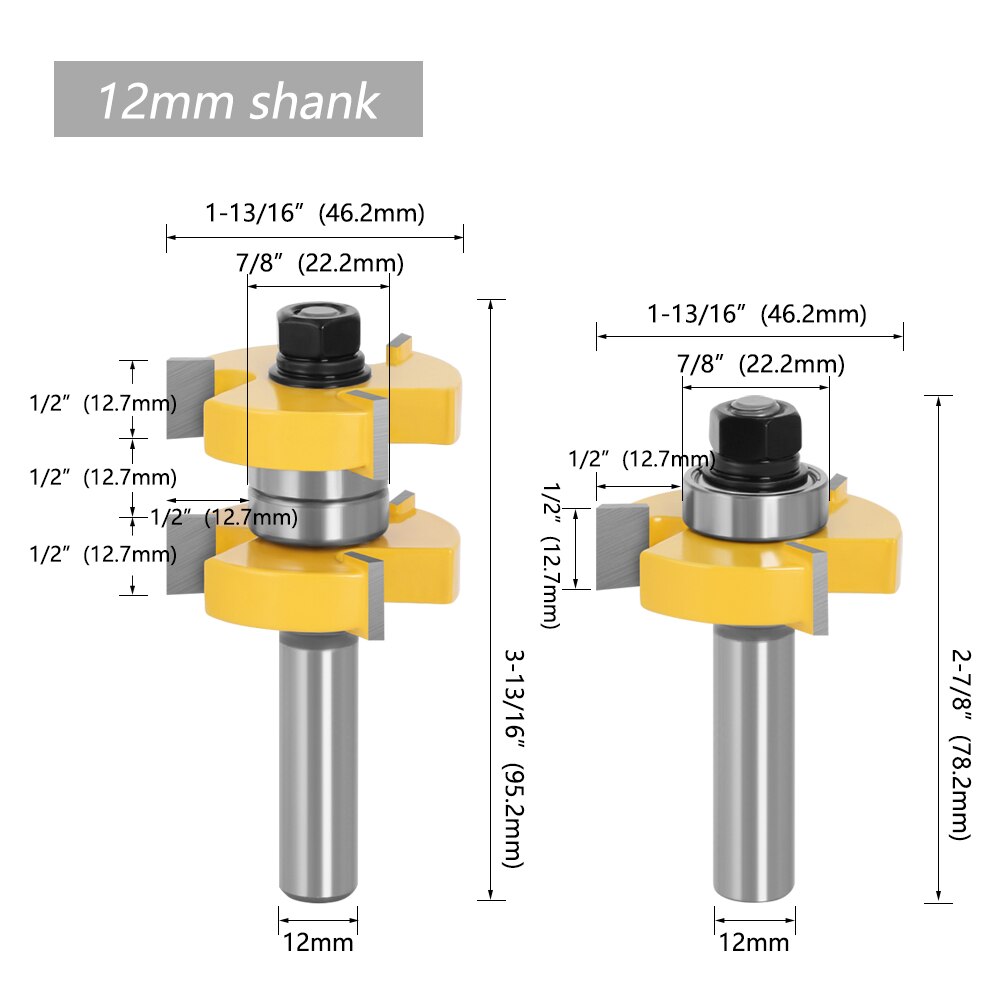 2pcs 12mm 1/2 Inch Shank Tongue &amp; Groove Router Bits Set Stock 1-1/2 Tenon Milling Cutter for Wood Woodworking Tools Bit 03074: 12mm shank