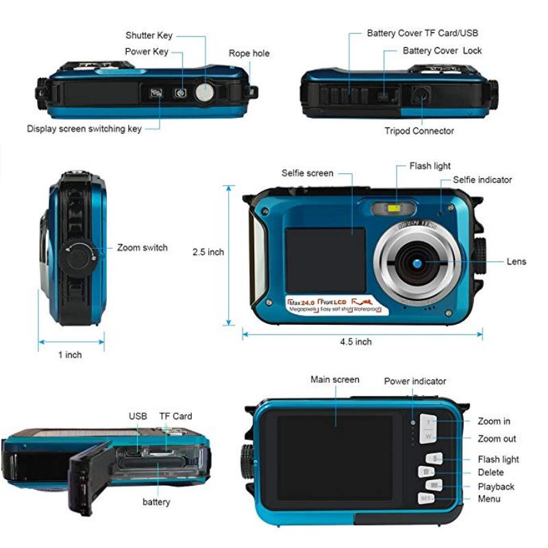 2.7inch TFT Digital Camera Waterproof 24MP MAX 1080P Double Screen 16x Digital Zoom Camcorder HD268 Underwater Camera