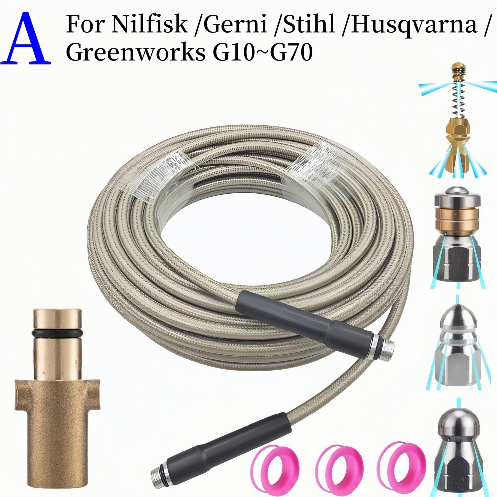 Manguera de limpieza de agua para drenaje de alcantarillado, Kit de limpiador de tuberías, manguera de lavado de coches, boquilla de limpieza de aguas residuales, para Nilfisk /Huter Kolner /Hammer, 2 ~ 35m: S / Gris claro