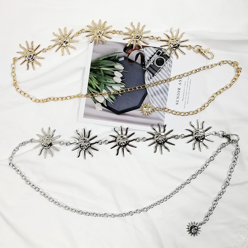 Gothic gold chain belt sun metal ladies waist belts for women long waistband dress citos punk ceinture femme ketting riem