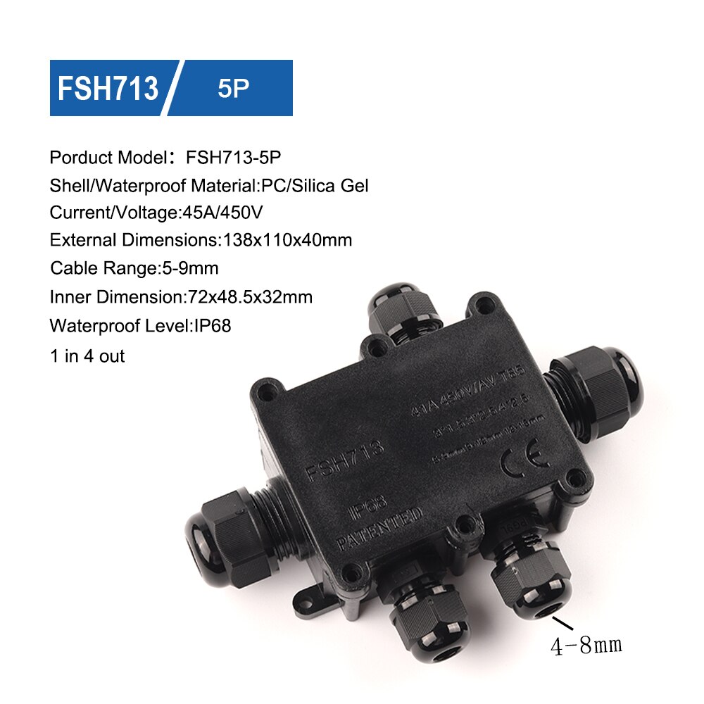 2/3/4/5/6 Way IP68 45A/450V Outdoor Waterproof Cable Connector Junction Box With Terminal Block For Wire Accessories: FSH713-5P