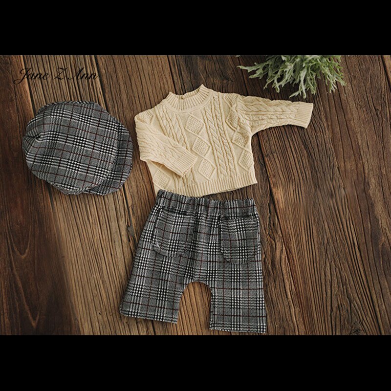 Jane Z Ann Pasgeboren Baby Photo Props Handgemaakte Vintage Twist Trui + Plaid Broek + Hoed Baby 3Pcs Heren set Kraamcadeau: Default Title