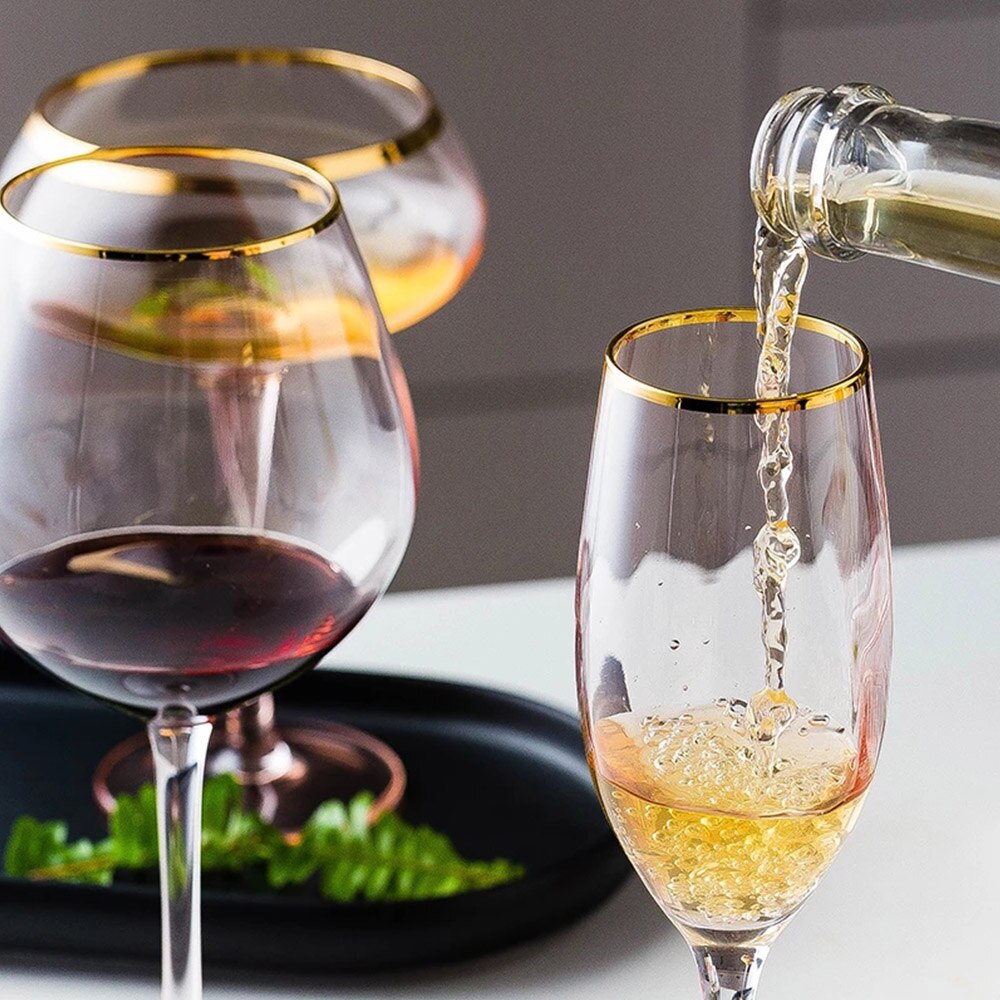 Copa de vino tinto con borde dorado, copa de champán, agua, helado, copa de vino chapada en oro para el hogar, Rosa