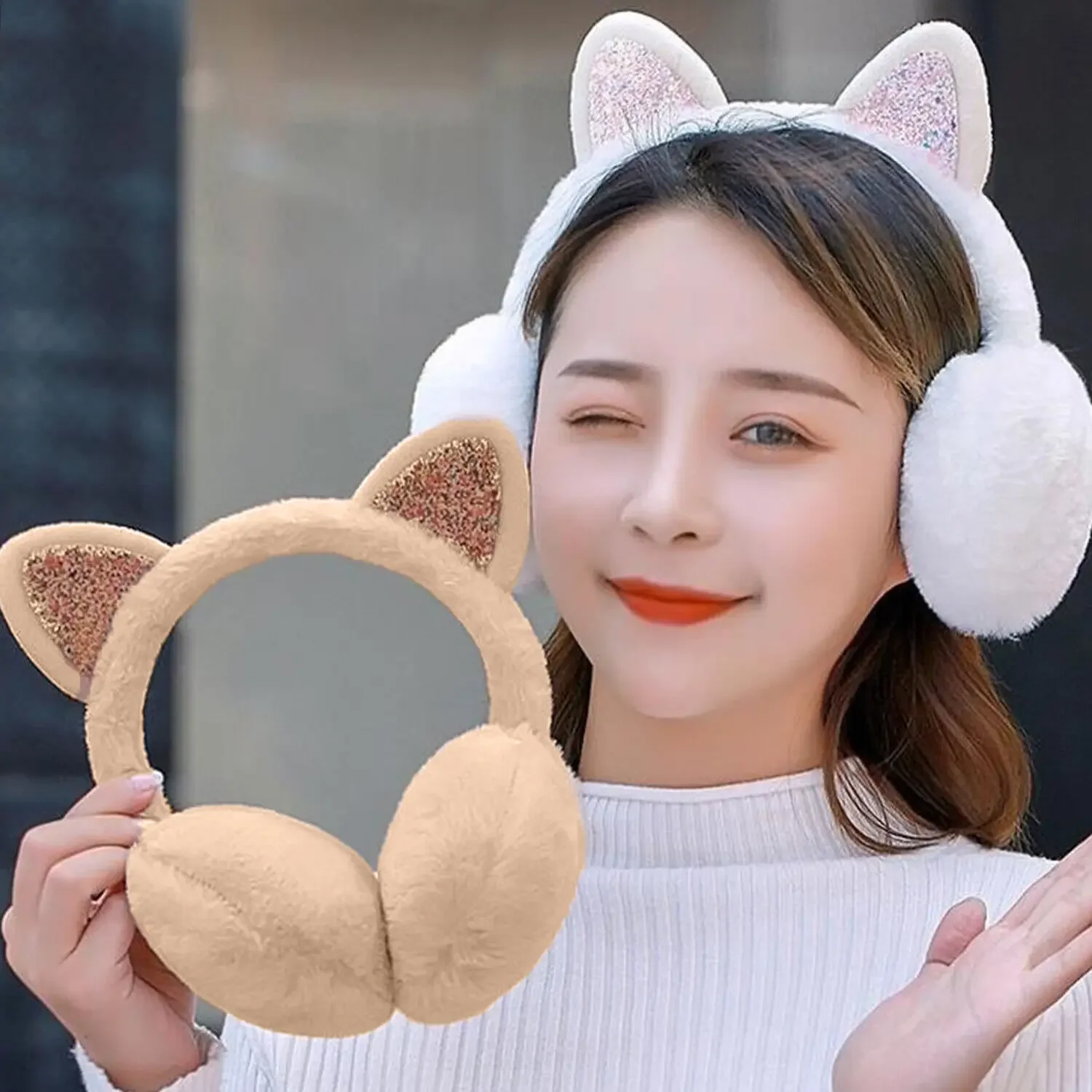Soft Plush Cute Cat Ear Earmuffs for Women Kids Outdoor Winter Warm Thickened Ear Protector Cold Protection Folding Ear Cover