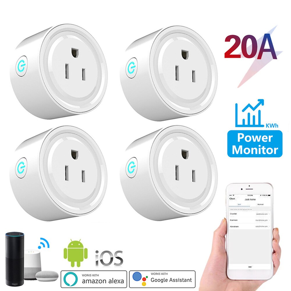 20A Tuya Smart Wifi US Plug Socket Outlet Power Monitor Timer Function Wireless Remote Control Works with Alexa Google Assistant