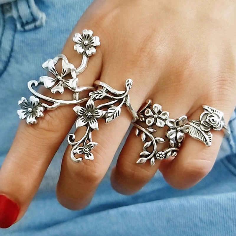 Europe and United States Popular Women Ring Personality Ancient Silver Color Mori Vines Leaves Flower Ring 4 Pieces