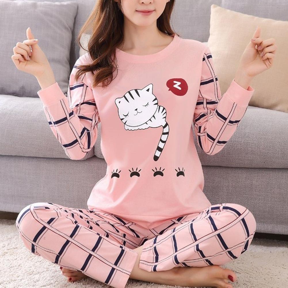 Pajama Set Winter Cute Cartoon Cat Print Pajama Set Women Two-pieces Long Sleeve Sleepwear Breathable Soft Round Neck Set