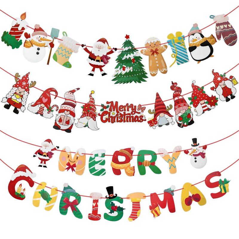 1set Christmas Banner Paper Hanging Flags Cartoon Santa Claus Snowman Deer Xmas Tree Bunting Garland Merry Christmas Decorations