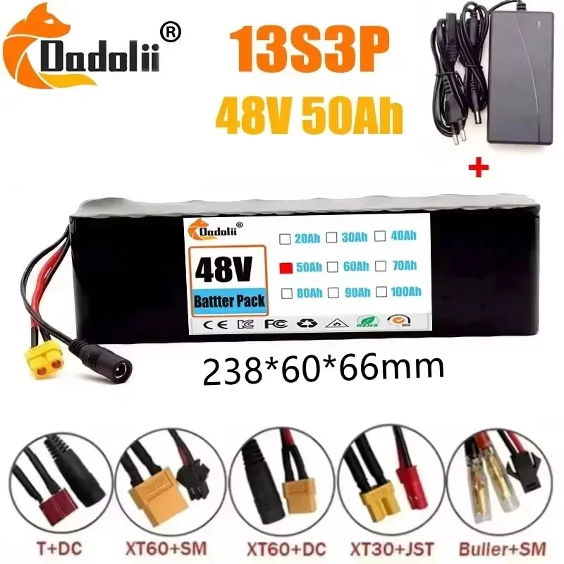 48v 50ah 1000w 13 s 3p litiumioniakkupaketti, sopii vapaaseen kuljetukseen  of 54.6v 50000 mah bms +52.6v 2a -laturilla
