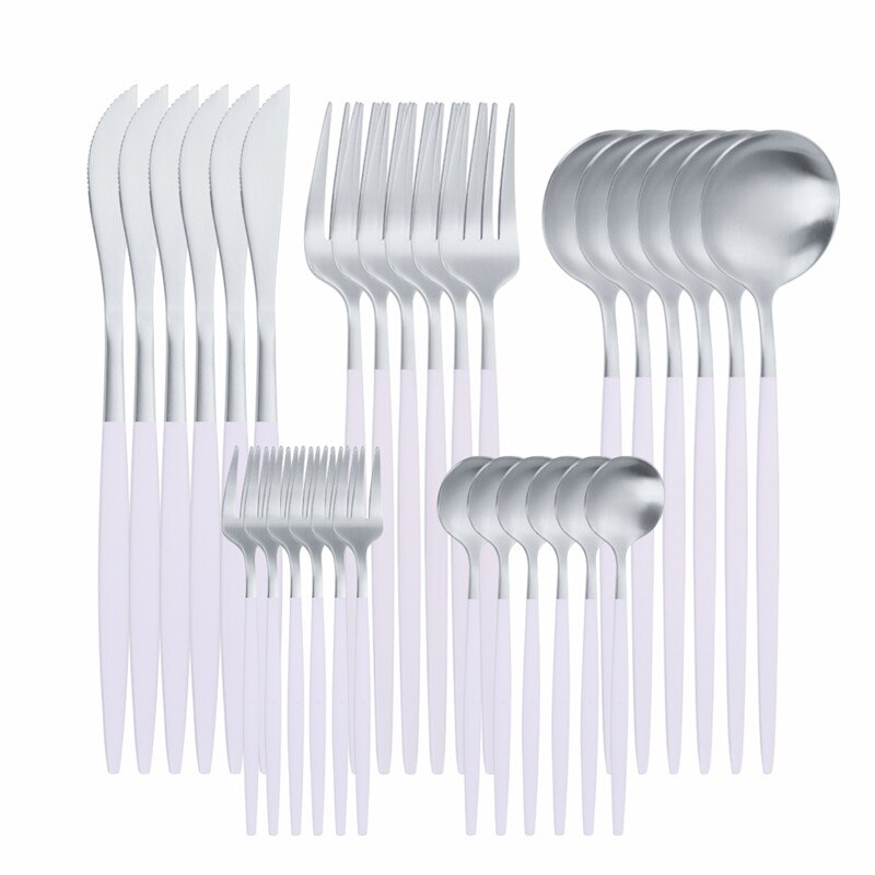 30 Pcs Matte Flatware Tableware Fork Knive Spoon Stainless Steel White Golden Cutlery Set Home Kitchen Tableware Set Dinnerware: white silver 30pcs