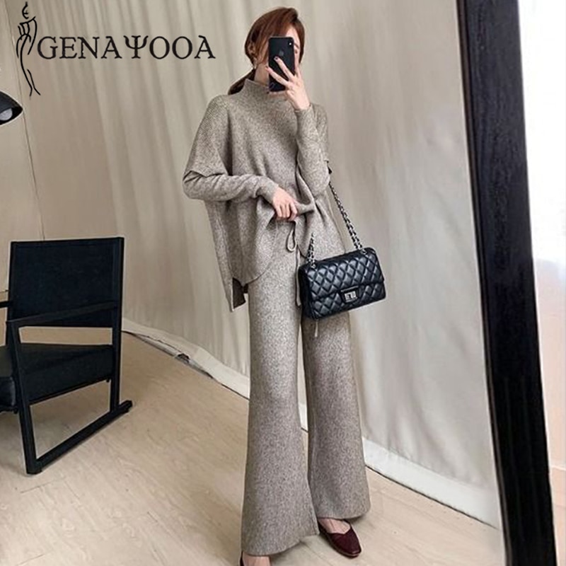 Genayooa Knitted 3 Piece Set Sweater Pants Woman Knitting Wide Leg Pants And Pullover Three Piece Suits Tracksuit Women