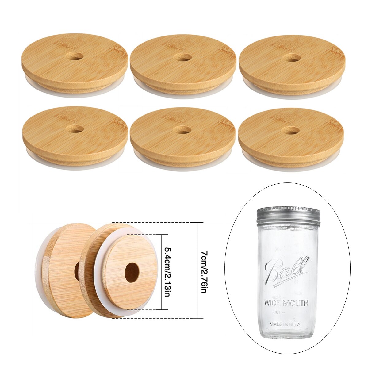 8Pcs 62/68/70/86mm Bamboo Lids for Mason Jars Wooden Jar Lids Reusable Bamboo Caps Lids with Hole for Coke Cup Drinking Glasses: 70cm Lids with hole