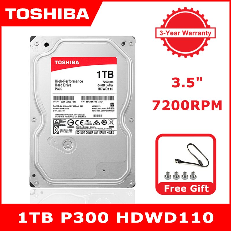 Toshiba 1TB P300 HDWD110 3.5" Internal Mechanical Hard Disk Drive SATA3 6Gb/s 7200RPM 64M disco duro interno