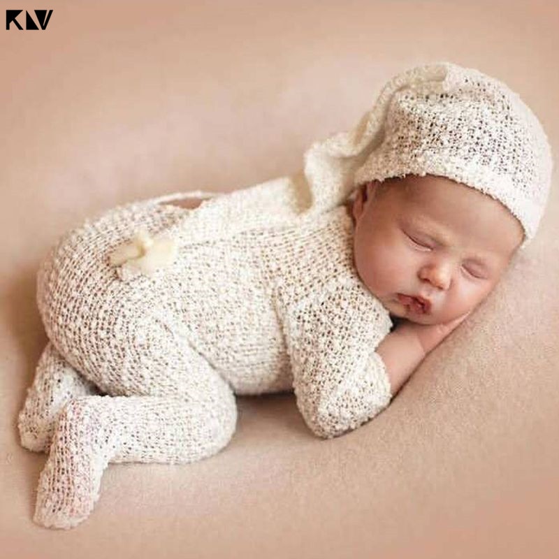 2 Stuks Pasgeboren Fotografie Props Pak Romper + Hoed Set Lange Mouw Jumpsuits Bodysuit Handgemaakte Knit Outfit Kleding Zuigelingen Douche