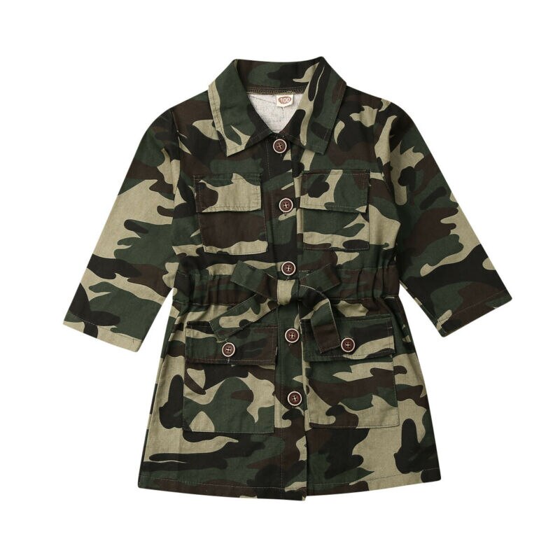 Småbørn piger langærmet revers trench afslappet camouflage jakke frakke outwear / sys: 5t