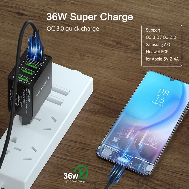 OREY 36W QC 3.0 Fast Charger, 4 Port USB Charger For Samsung S10 Plus Quick Charge 3.0 Charger For Xiaomi Phone Charger