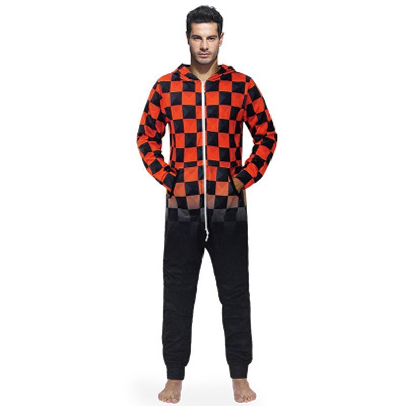 Autumn Winter Men's Jumpsuit Pajamas Romper Funny Black Red Plaid Print Loose Clothes Hoodie