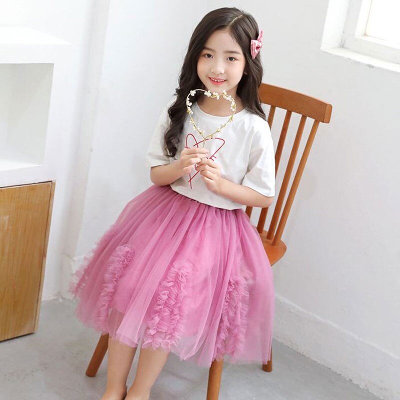 Girls Skirts Summer Gauze Tutu Skirt For Kids 3-12years Teenager Tulle Skirt Rainbow Yellow Long School Clothing