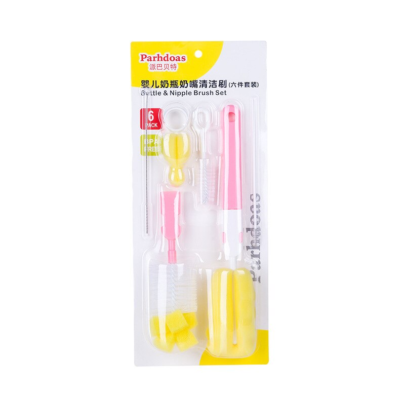 6PCS/ Set Baby Milk Feeding Bottle Brush Handle Portable Nylon and Sponge Tube Cleaner Dummy Nipple Pacifier Brushes