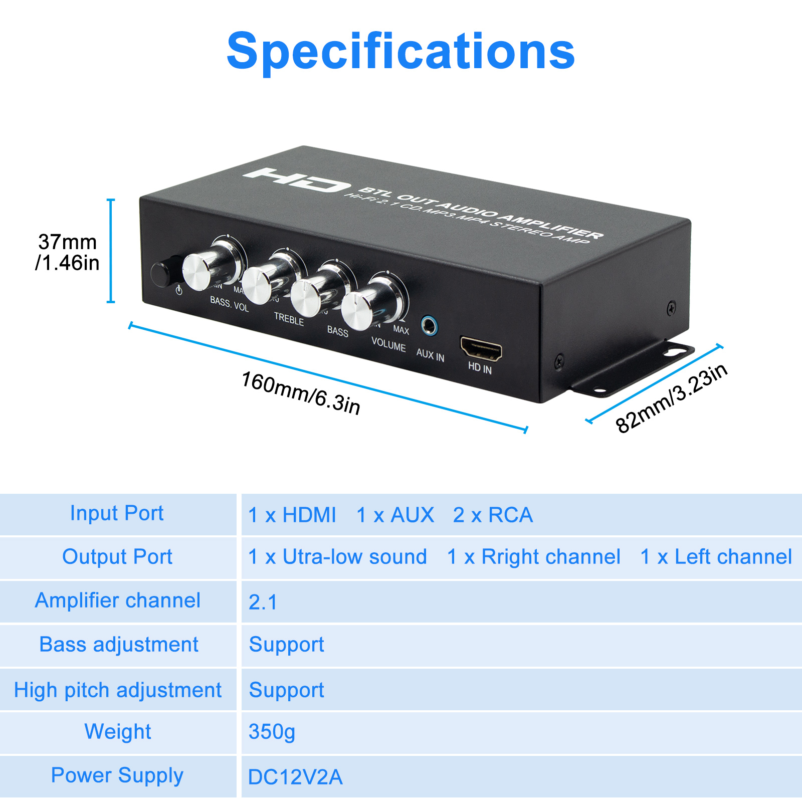 HDMI Audio Power Amplifier 80Wx2 Subwoofer Amplifier 2.1 Channel Stereo Bass Sound Bass Car Power Amp Mini Media Player