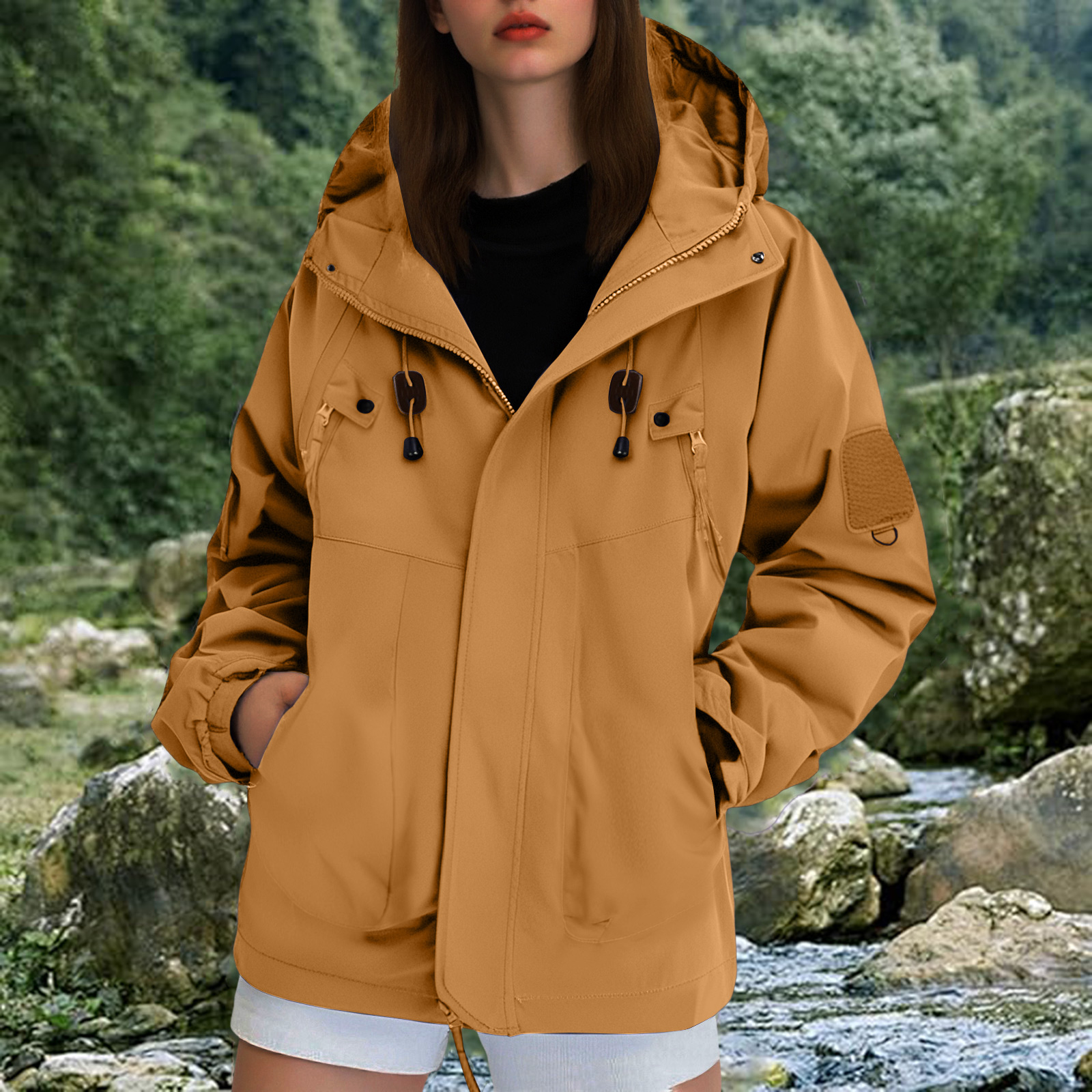 Autumn Hooded Jacket Women Outdoor Windbreaker Casual Waterproof Hiking Jacket Rain Coat Female Tops Outerwear: XL / Brown