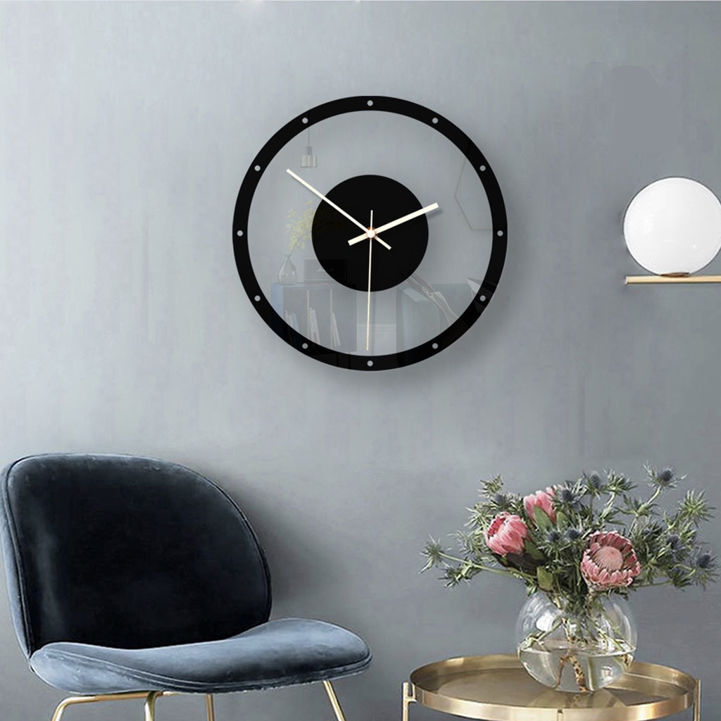 Reloj de pared de estilo nórdico, silencioso, acrílico, transparente, Retro, de hierro, cara redonda, decoración grande para exteriores, color negro