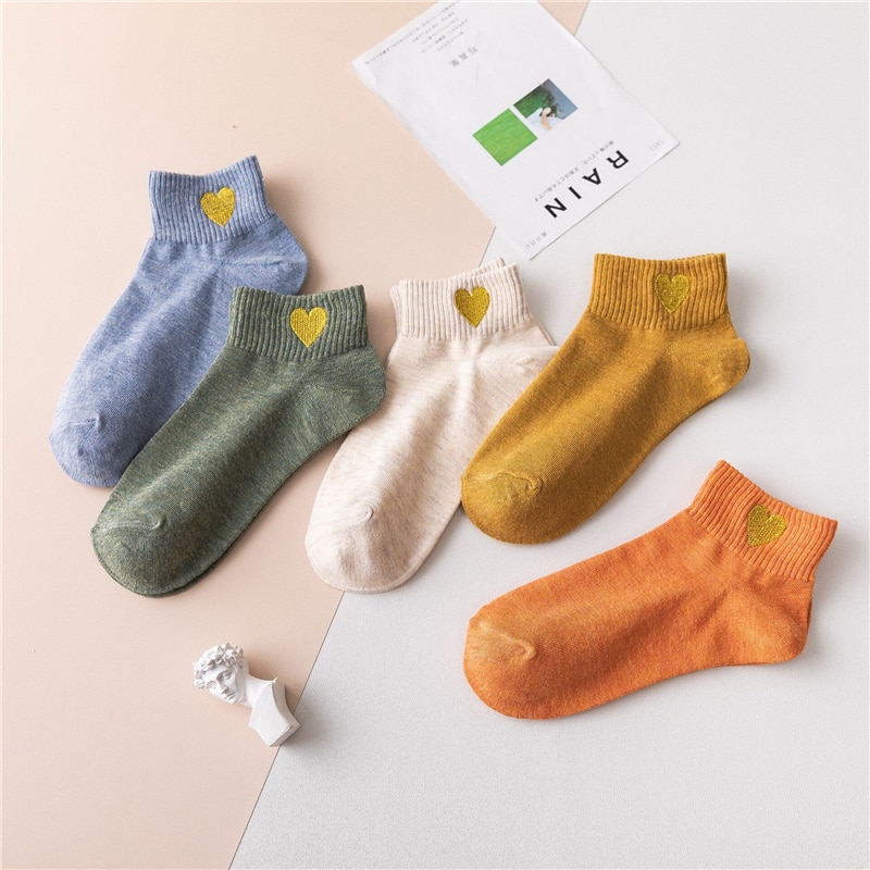 10 paar geborduurde sokken met hartjes voor dames, effen katoen, snoepkleur, harajuku, schattig, casual, studentensokken voor meisjes, korte sokken