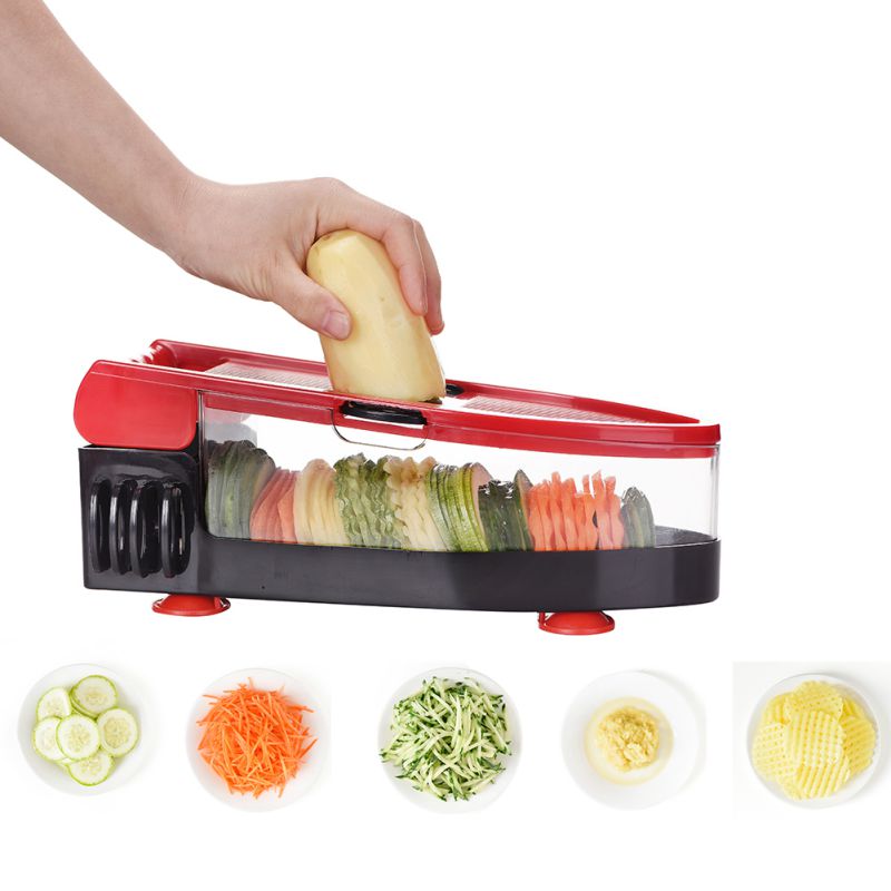 Trancheuse coupe-légumes râpe hachoir julienne 6 lames interchangeables et éplucheur protège-main récipient alimentaire coupe-pommes de terre 2