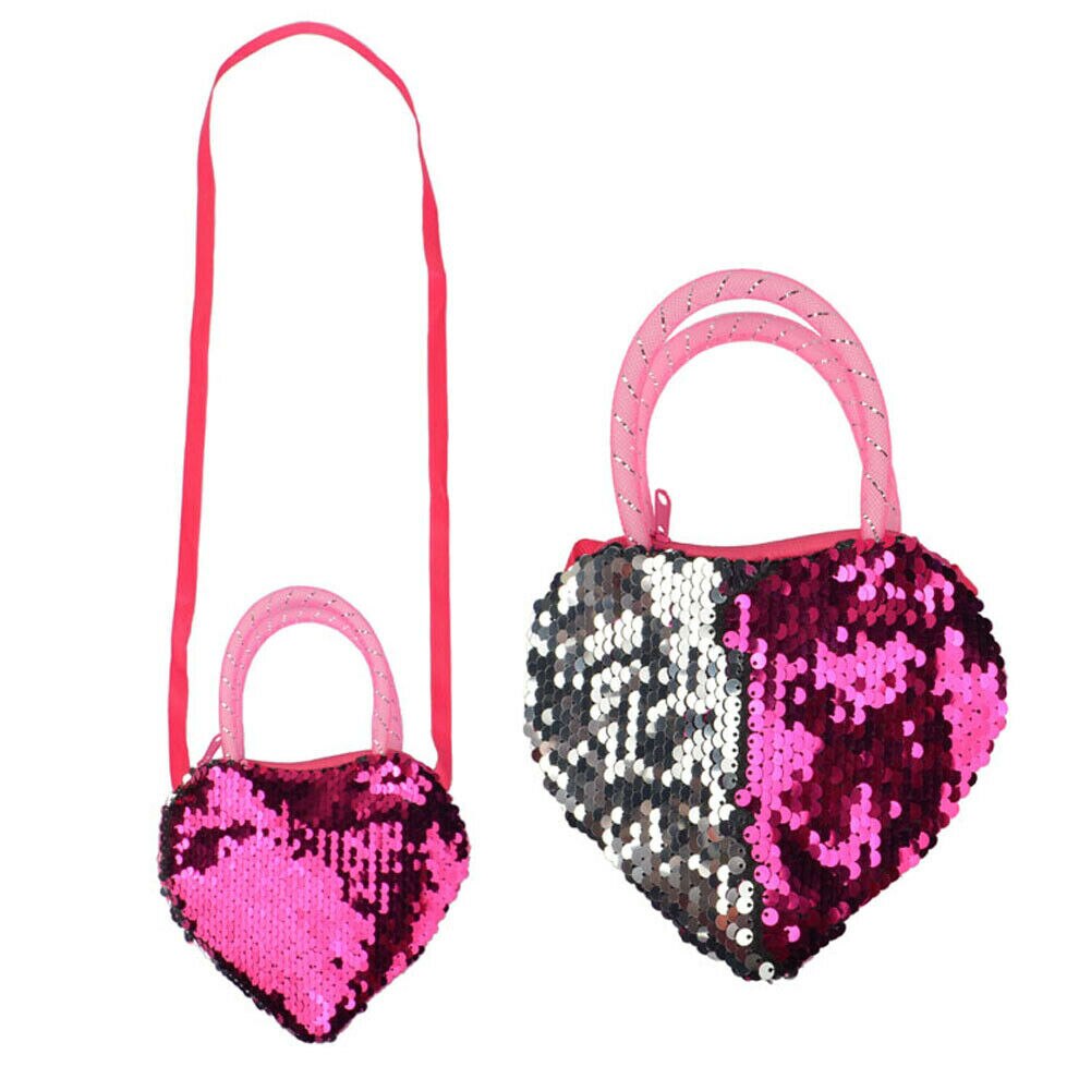 Sweet Girls Kid Sequin Heart Shaped Ribbon Long Strap Purse Coin Handbag Pocket Bag: A