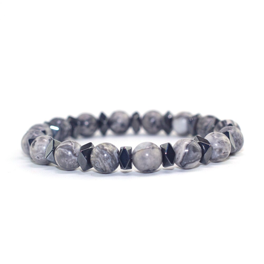 Bracelet en pierre grise noire, 2 pièces/ensemble, 6MM et 8MM, en pierre naturelle pour hommes, bijoux de fête