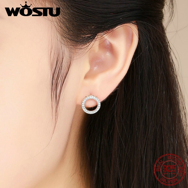 WOSTU 925 Sterling Silver Glitter CZ Round Circle Stud Earring for Women Simple Wedding Engagement Earring Jewelry DXE417