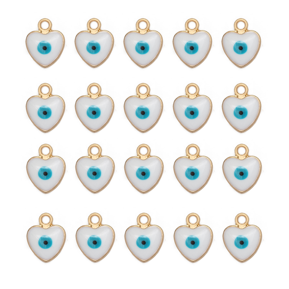 Amuleto de ojo de la suerte para fabricación de joyas, colgante de corazón, gota de doble cara, aleación de aceite, colorido, mal de ojo, accesorios de pulsera, 20 piezas por lote: Rodio plateado