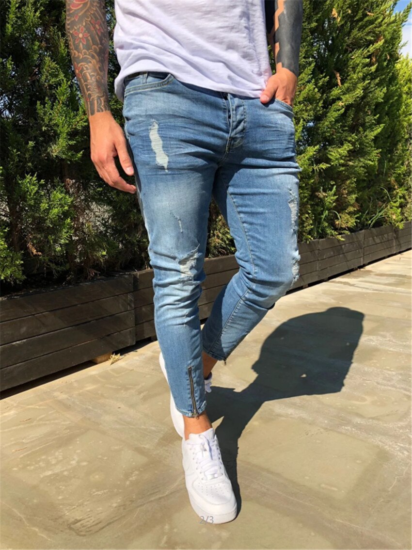 Jean en Denim déchiré et détruit pour Homme, pantalon Streetwear, style Hip hop, slim, Punk, longueur cheville,