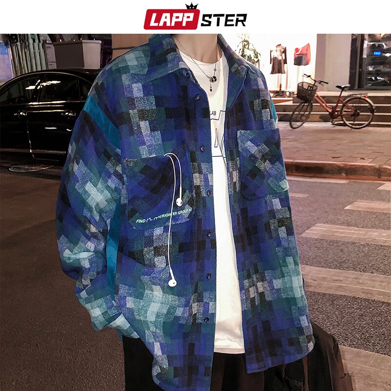 LAPPSTER, camisa a cuadros de color Vintage para hombre, , ropa de calle para hombre, camisas Harajuku gruesas de manga larga, camisa de coreana para pareja