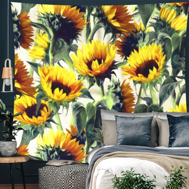 Gobelin ścienny ze słonecznikiem żółty i zielony kwiat roślina liściasta wiszące gobeliny w Świetnie ściana dywan tkaniny wiszące dekoracje ścienne
