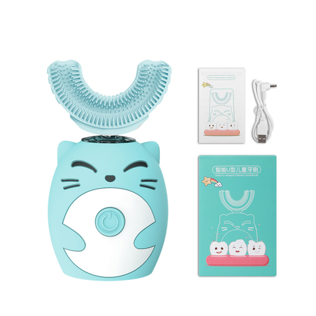Brosse à dents électrique ultrasonique automatique en silicone, 360, pour enfants, brosse à dents en forme de U, intelligente, mignonne, dessin animé: B-blue 1-7Y