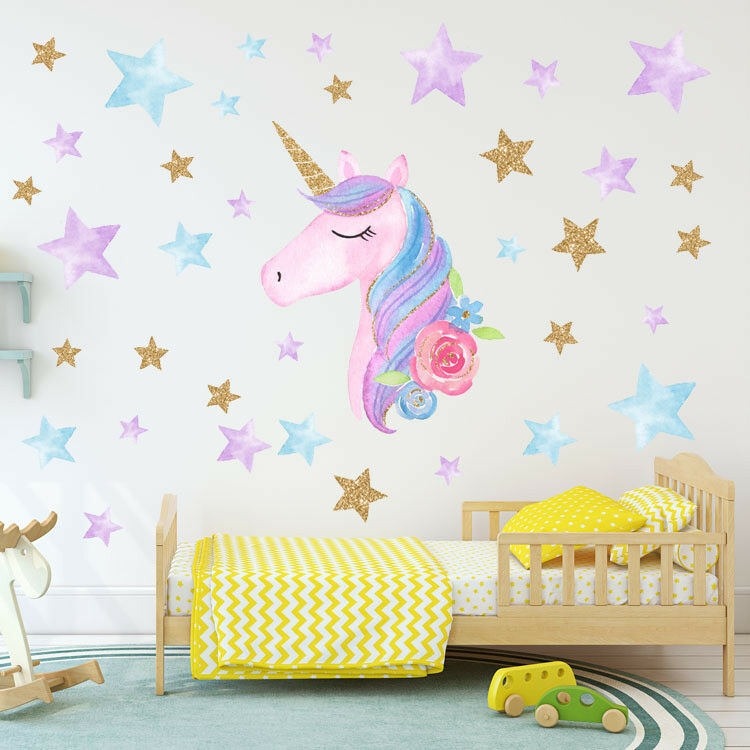 Muursticker met regenboog eenhoorn, meisjeskamer, muursticker, kunst, kinderkamer, woondecoratie