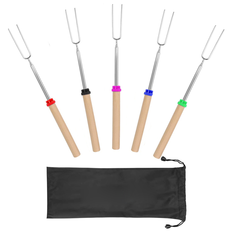 5 Stks/set Roosteren Vork Stok Roestvrij Staal Houten Handvat Telescopische Spies Als Grillen Gereedschap Voor Thuis Keuken Achtertuin Bbq