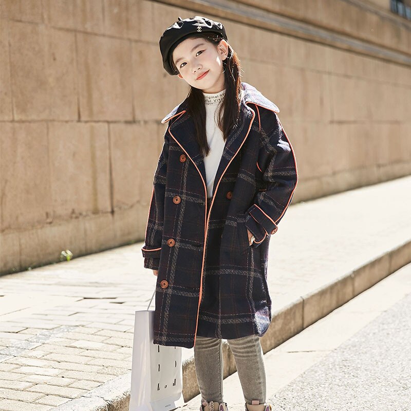 Cappotto di lana per bambina 2021 autunno e inverno nuovo plaid retrò giacca a vento spessa di media lunghezza cappotto di lana per bambini abbigliamento abbigliamento