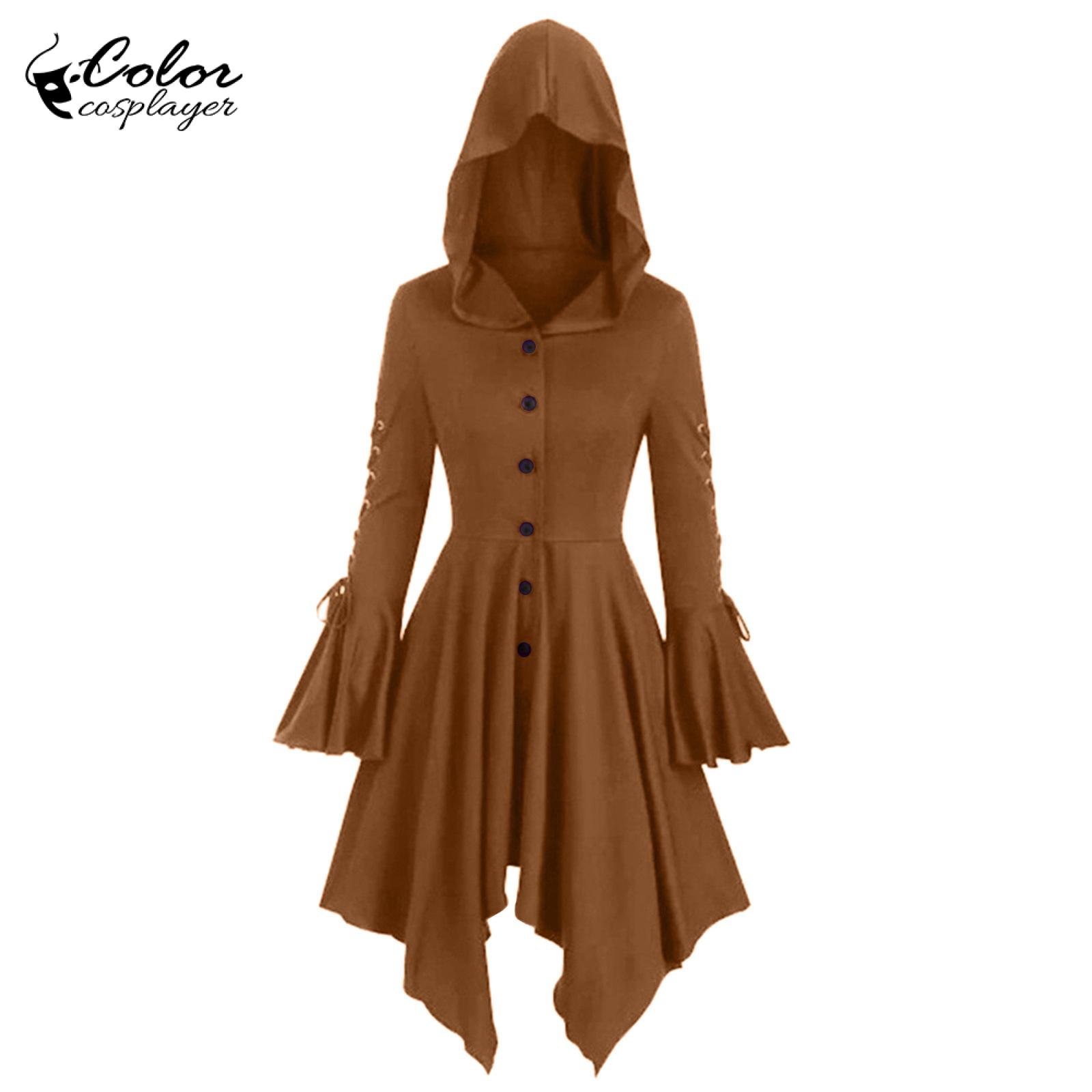 Colore cosplayer con cappuccio abito medievale donna Halloween costume cosplay abito da strega gotico abito a maniche lunghe abito da vampiro