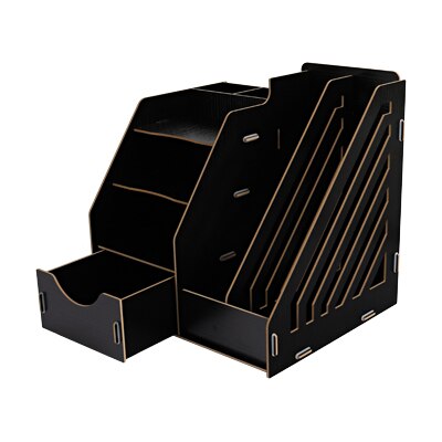 Wood Stationery Holders Multi Use Desktop Storage Paper Holder Stationery Organizer With Drawer Rack Office School Supplies: Black