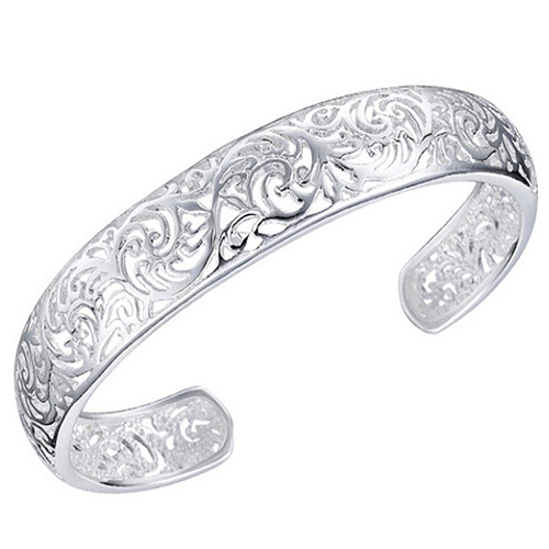 Women 925 Sterling Bezel Hollow Cuff Bangle Open Bracelet Stainless Steel Bracelet Vintage Jewelry