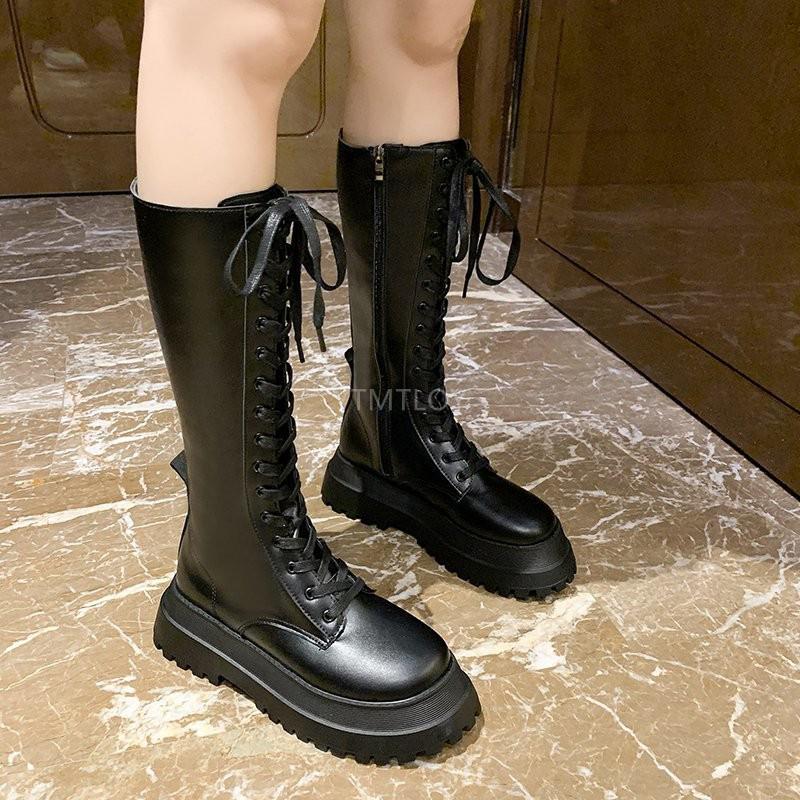 Botas de media caña con plataforma y cordones para Mujer, calzado informal de cuero Pu con cremallera antideslizante, de lujo