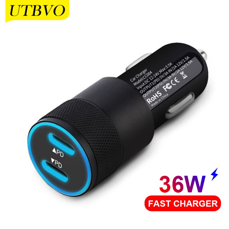 Utbvo Mini 2-Port Usb Car Charger Quick Charge 3.0 Pd 18W 36W Snelle Opladen Lader Voor iphone 12 Huawei Xiaomi Mi Mobiele Telefoon