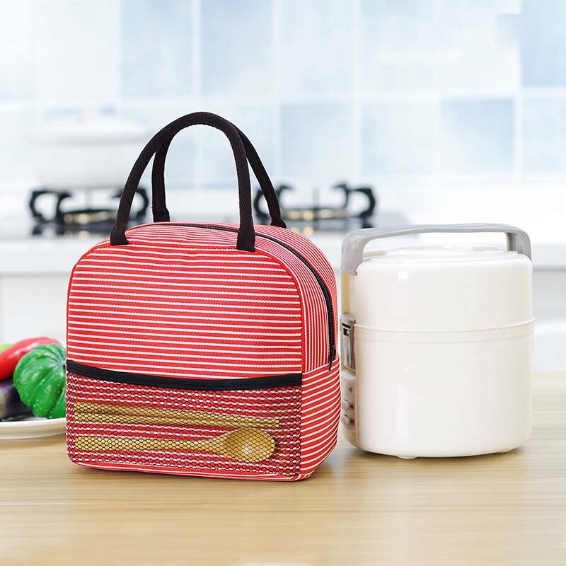 Bolsa térmica a rayas para niños, bolsas de almuerzo térmicas de aislamiento, portabotellas impermeable Madeira, Bolsa de almacenamiento de alimentos, Hobos: Red New Striped