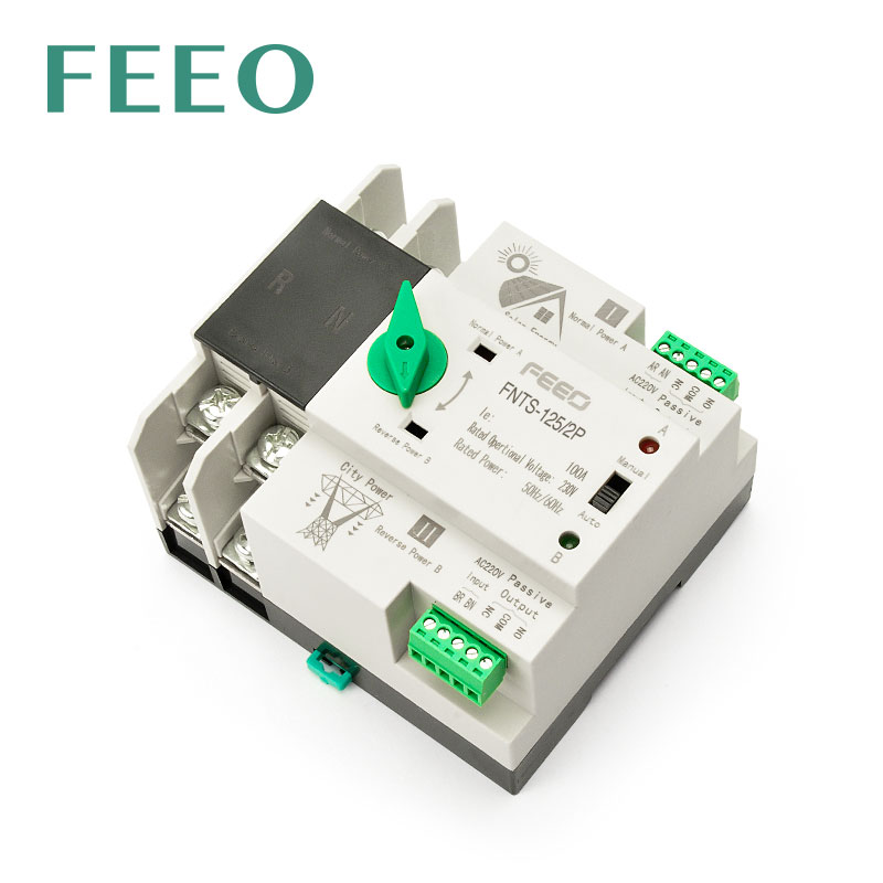 FEEO Din Rail 2P 125A ATS Solar Energy Dual Power Automatic Transfer Switch Electrical Selector Switch Uninterrupted Power Home