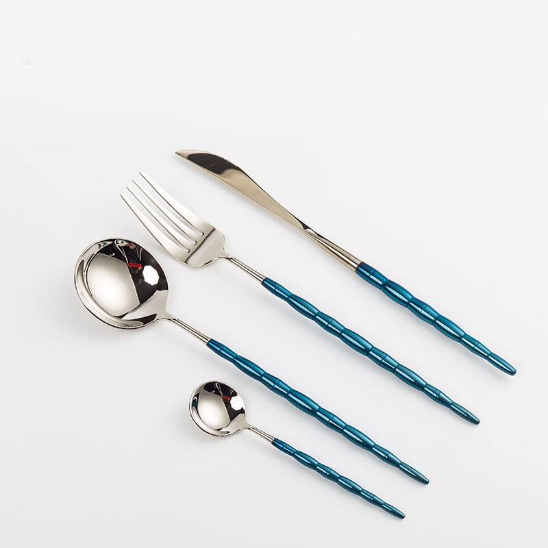 Europæisk bambus bestik kniv gaffel og ske sæt 304 rustfrit stål bøf kniv og gaffel husholdning tallerken kaffeske: Flis og blå