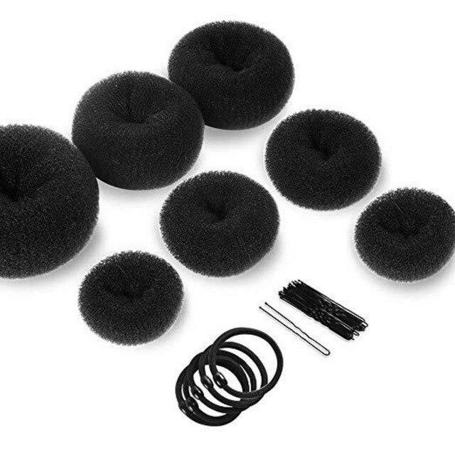 Máquina para hacer moños y rosquillas, juego de 5 bandas elásticas para el cabello, herramientas de estilismo para el cabello, 7 Uds.: Black