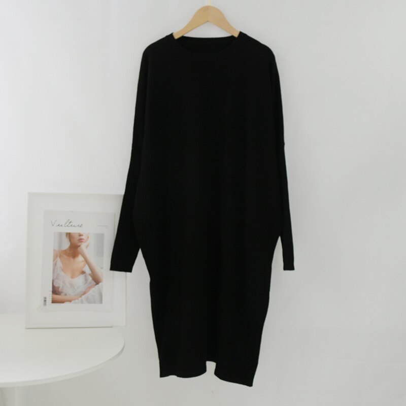Aachoae lös o hals stickad tröja klänning kvinnor solid batwing långärmade mjuka klänningar hemstil casual midiklänning vestidos: Svart